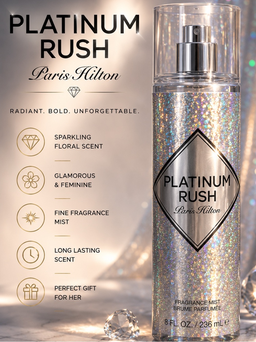 Paris Hilton Platinum Rush Glitter Silver Fragrance Mist floral and fruity